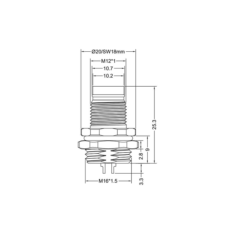 Push-pull m12 3pins A code male straight rear panel mount connector M16 thread,unshielded,solder,brass with nickel plated shell